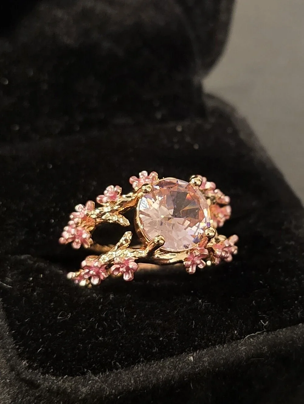 Pink Crystal Cherry Blossom Branch Ring Rose Gold Plated Flower Size 7